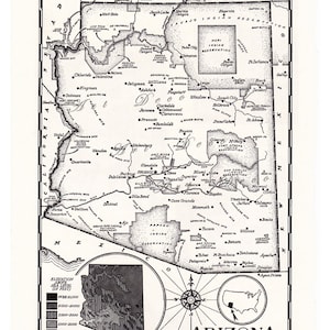 druckbare Landkarte von Arizona, USA, aus den 50'er Jahren, einzigartiges Geschenk, Tischdekoration, Kunsthandwerk, Digitaldruck, Nr. 588