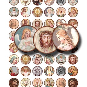 May include: A set of 36 round stickers featuring religious imagery. The stickers feature images of Jesus, Mary, angels, and other religious figures. The stickers are printed on a white background with a brown border.