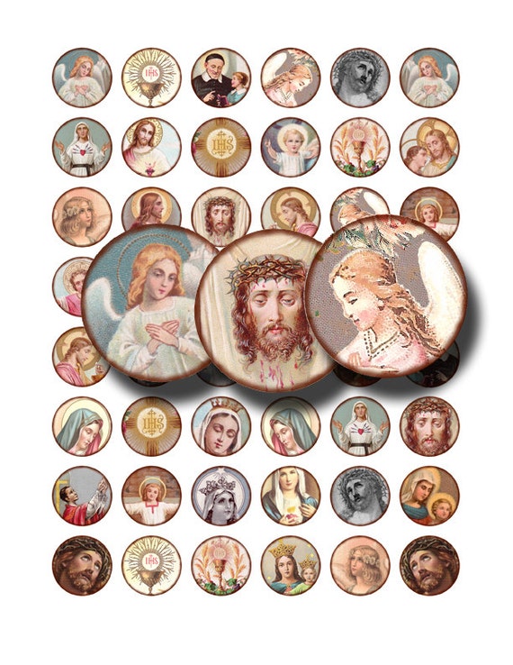 christian collage sheet, holy images in 1 inch circles, Jesus, the Saints, Virgin Mary, Madonna, digital download no. 1450