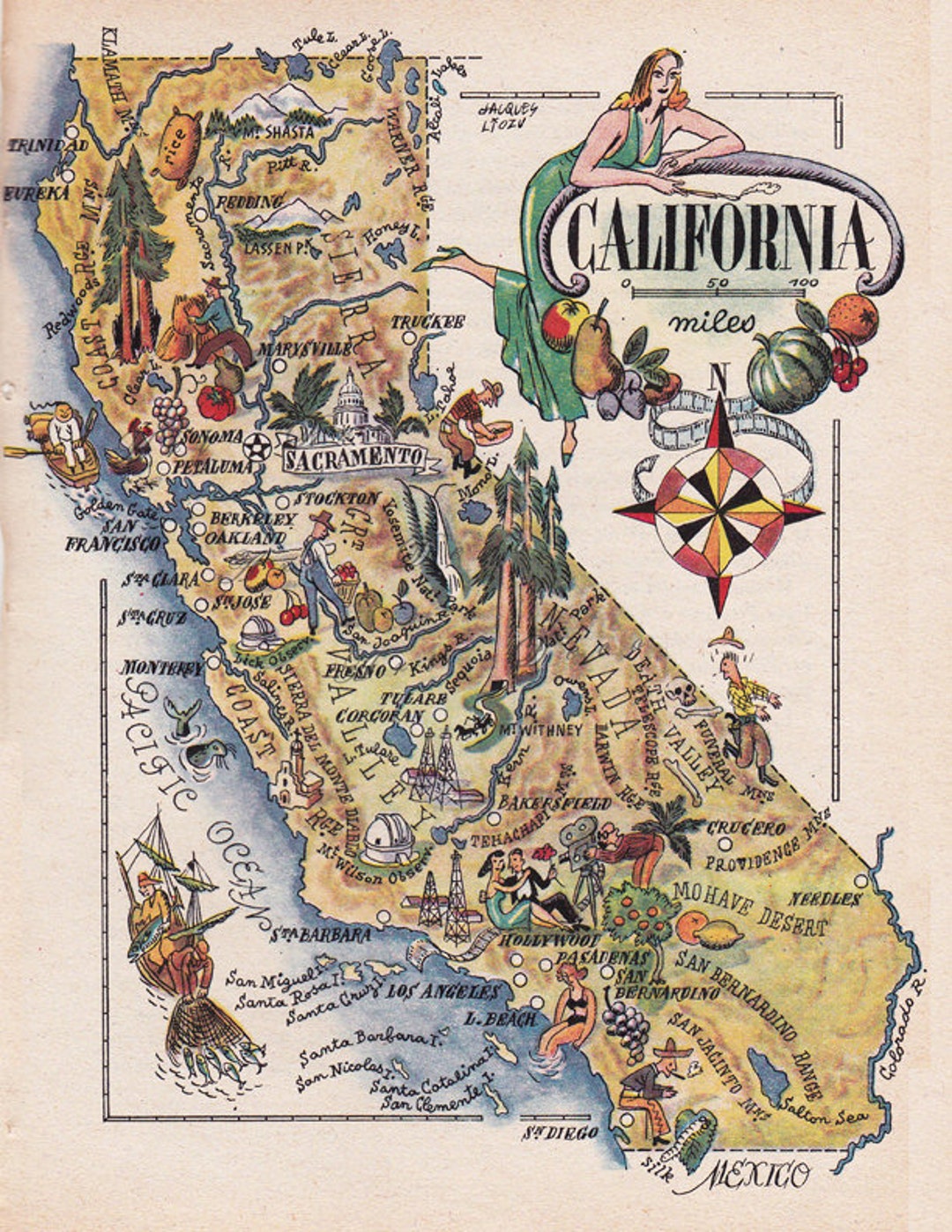 1946年のカリフォルニアの印刷可能な地図、面白い絵地図、家の装飾