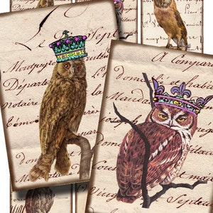 wise old owls with antique handwriting, vintage printable digital download, collage sheet no. 8
