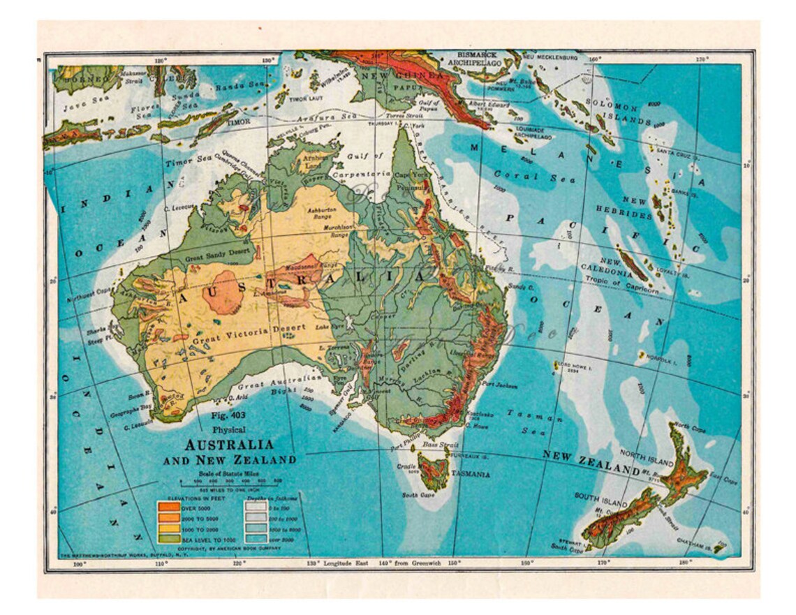 Mapa de Australia y Nueva Zelanda de un libro de geografía de Etsy