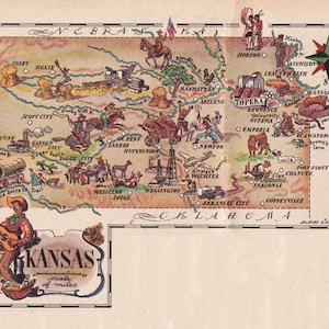 Druckbare Karte von Kansas aus dem Jahr 1946 des französischen Künstlers Jacques Liozu, Einweihungsgeschenk, Wohndekor, digitaler Download Nr. 1225