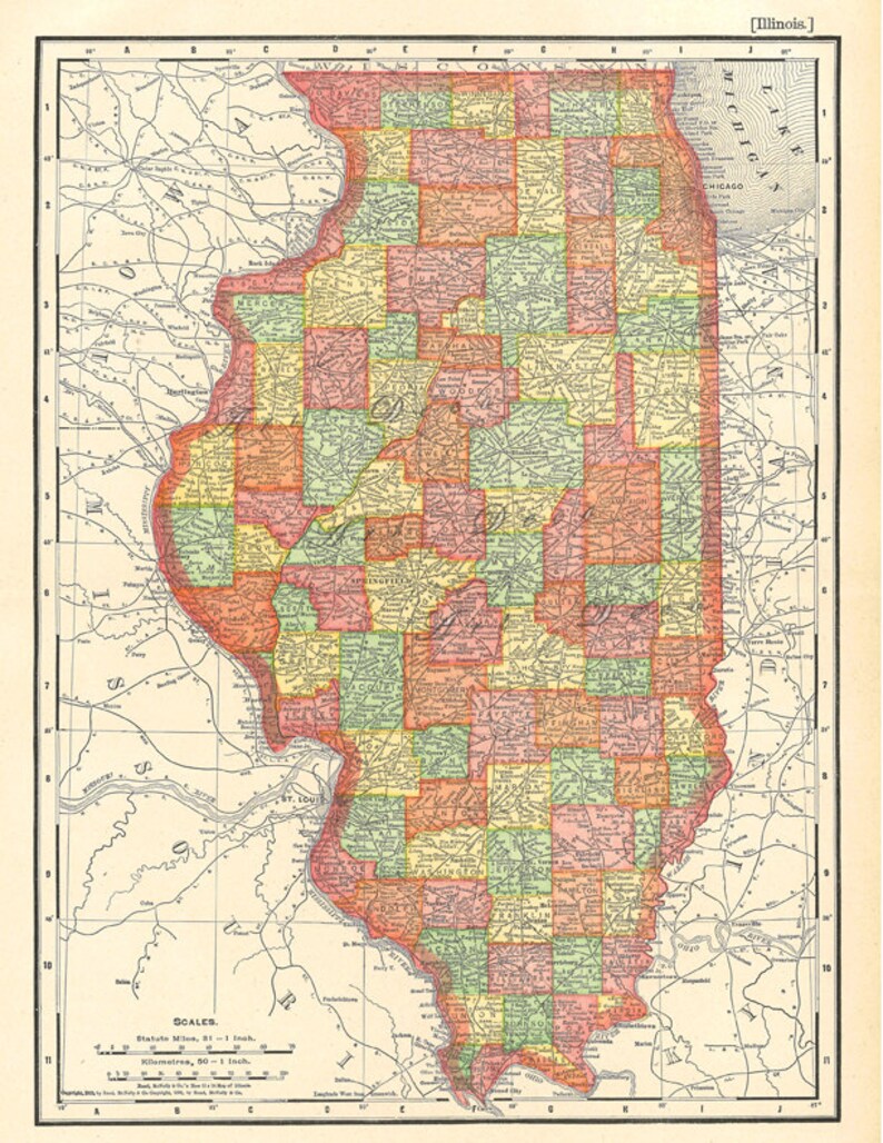 Illinois 1895. Rand MCNALLY карты. Illinois State Map. Криминальная карта Иллинойса.