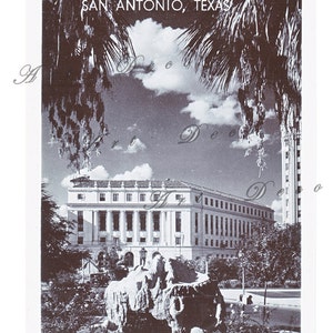 May include: A black and white vintage postcard showing a photograph of the U.S. Post Office in San Antonio, Texas. The building is a large, classical structure with a prominent entrance and many windows. Palm trees are visible in the foreground and background.