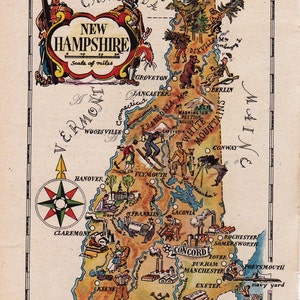 printable map of New Hampshire from the 1940&#39;s, unique gift or home decor, digital map no. 1716