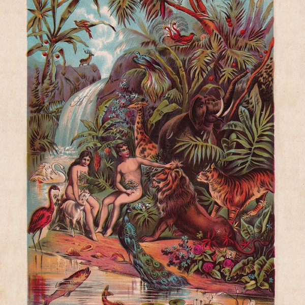 Christian print, the Garden of Eden, digital download from a  19th century color lithograph print, printable file no. 465