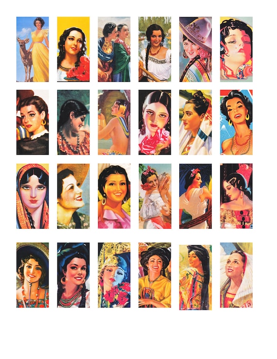 domino tile sized Mexican beauties 431 Latina Ladies 1 x 2 inch digital collage sheet no