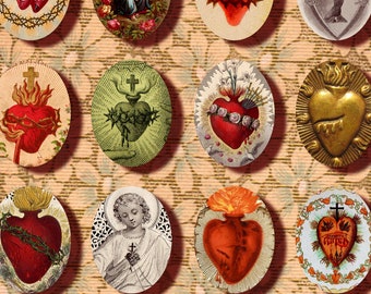 Christian collage sheet, Sacred Heart cameos, 30x40 mm, from antique French Holy cards, catholic collage sheet eak no. 2014