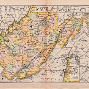 Karte von West Virginia, Klassenzimmer Dekor, Wohnkultur, Journale, Handwerk, etc., eine druckbare antike Karte, digitale Collage Blatt nicht.  289