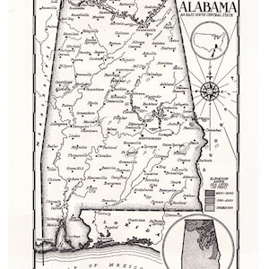 druckbare Karte von Alabama aus den 1950&#39;er Jahren, Digitaldruck, Einweihungsgeschenk, Wandkunst, Wohnkultur, Kunsthandwerk, Reisetagebuch, No.  591