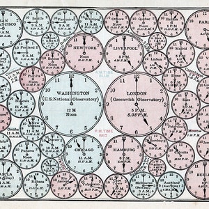 May include: A vintage world time zone chart with a pink and blue color scheme. The chart shows the time in different cities around the world, with the time zones marked in both AM and PM. The chart is a visual representation of the different time zones around the world.
