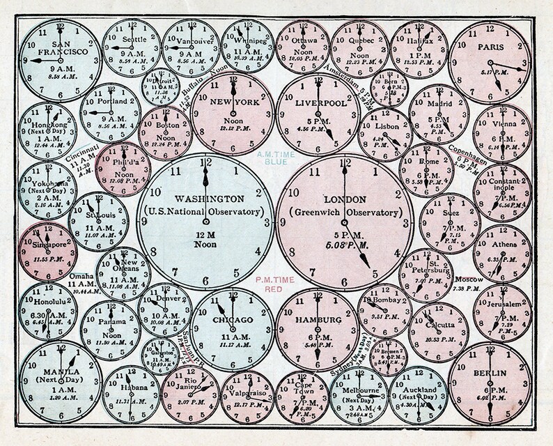 May include: A vintage world time zone chart with a pink and blue color scheme. The chart shows the time in different cities around the world, with the time zones marked in both AM and PM. The chart is a visual representation of the different time zones around the world.