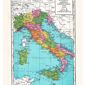 druckbare Landkarte von Italien aus den 1920er Jahren, einzigartiges Geschenk, Wanddekoration, Kunstgewerbe, Art No. 512.