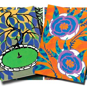 Könnte beinhalten: Eine Collage aus vier bunten Stoffmustern. Das Muster oben links zeigt einen blauen und grünen Baum mit einem grünen Teich. Das Muster oben rechts zeigt eine weiße Blume mit blauen und violetten Blütenblättern auf orangefarbenem Hintergrund. Das Muster unten links zeigt ein gelbes und grünes Muster. Das Muster unten rechts zeigt ein blaues und grünes Muster.