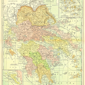 mapa imprimible de Grecia, un mapa antiguo detallado y colorido para artes y manualidades, decoración del hogar, álbumes de recortes, descarga digital, no. 776