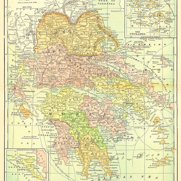 carte imprimable de la Grèce, une carte antique détaillée et colorée pour les arts et l’artisanat, la décoration intérieure, scrapb0oking, téléchargement numérique, n° 776