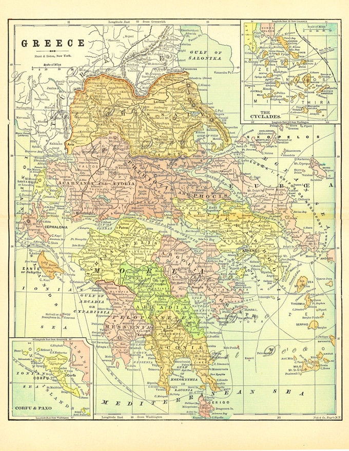printable map of Greece, a detailed and colorful antique map for arts and crafts, home decor, scrapb0oking, digital download, no. 776