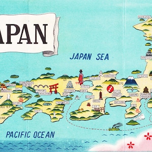 Mapa imprimible de Japón, cartografía encantadora de los años 50, arte y artesanía, descarga digital n.º 1427