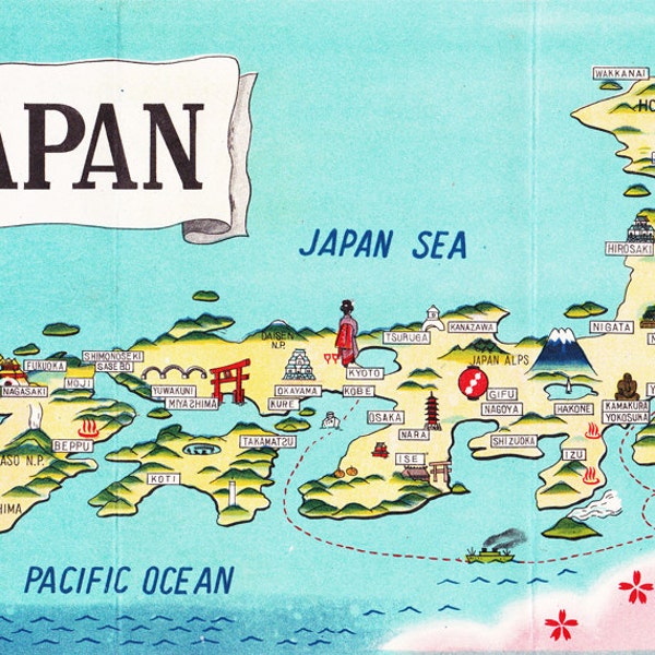 mapa imprimible de Japón, cartografía encantadora de la década de 1950, artes y artesanías, descarga digital no. 1427