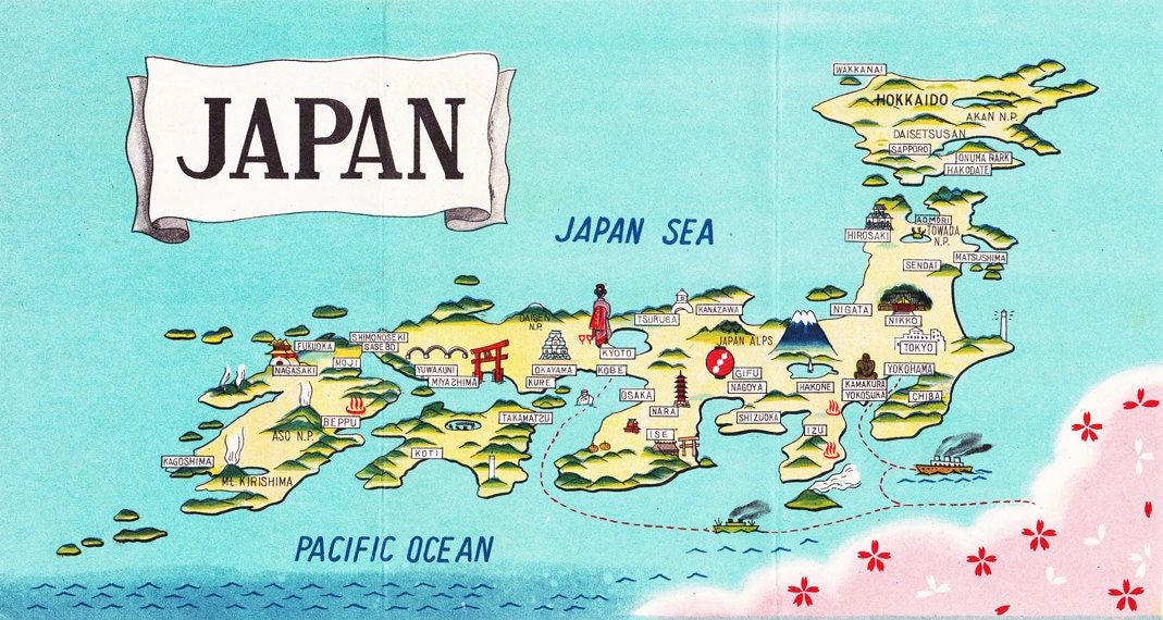 2024年のクリスマスの特別な衣装 Printable Map of Japan, Charming Cartograph From the 1950's 絵画