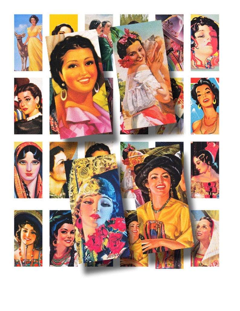domino tile sized Mexican beauties 431 Latina Ladies 1 x 2 inch digital collage sheet no