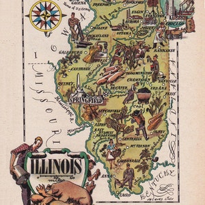 mappa stampabile dell'Illinois, mappa illustrata degli anni '40, umoristica e spiritosa, download digitale n. 1706