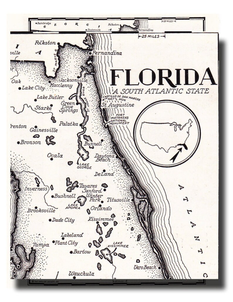 Map of Florida in black and white hand drawn map from the | Etsy