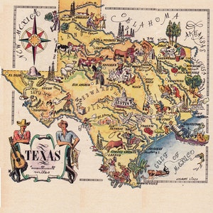 Landkarte von Texas, Landkarte von Texas, lustige bildliche Karte, Wand Kunst, Haus Dekor, Einweihungsparty Geschenk, Download-Nr. 1232.