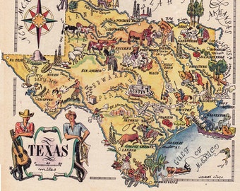 map of Texas from the 1940's, funny pictorial map, digital download, printable collage sheet no. 1232.