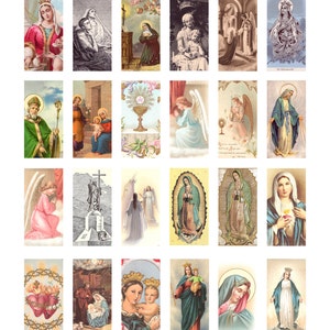 May include: A collection of vintage religious cards featuring various saints, angels, and biblical scenes. The cards showcase detailed illustrations with a range of colors, including reds, blues, and golds. The images depict religious figures and symbols.