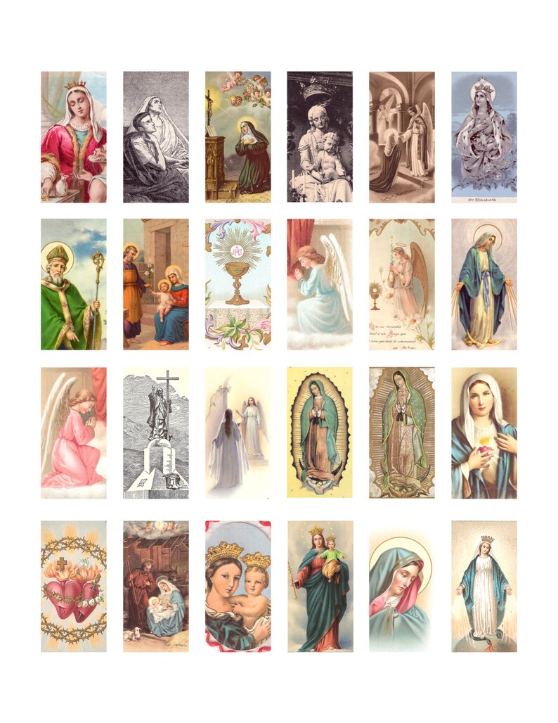 May include: A collection of vintage religious cards featuring various saints, angels, and biblical scenes. The cards showcase detailed illustrations with a range of colors, including reds, blues, and golds. The images depict religious figures and symbols.