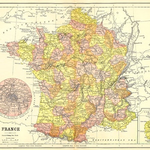 kaart van Frankrijk, een afdrukbare digitale download voor woondecoratie, knutselen, tijdschriften en meer, afdrukbare kaartnr. 769
