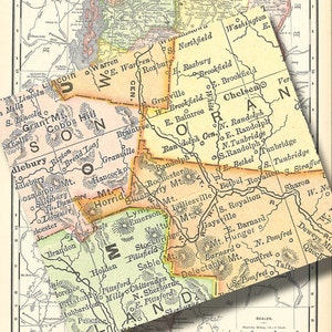 May include: A vintage map of Vermont, USA, showing the state's counties and towns. The map is in a light yellow color with brown lines and text. The map is divided into sections, each with a different color. The map is titled "Vermont".