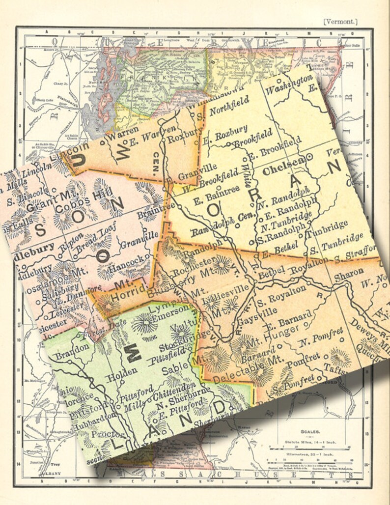 May include: A vintage map of Vermont, USA, showing the state's counties and towns. The map is in a light yellow color with brown lines and text. The map is divided into sections, each with a different color. The map is titled "Vermont".