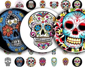 Day of the Dead, Dia de Los Muertos, Sugar Skull Tattoos, 25mm Circles, Digital Collage Sheet no. 1001