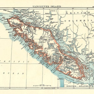 May include: A vintage map of Vancouver Island, British Columbia, Canada. The map shows the island's coastline, rivers, lakes, and mountains. The map is in shades of blue, green, and brown. The text "Vancouver Island" is printed at the top of the map.