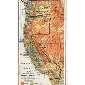 fysieke en politieke kaart van pacific coast states, uniek geschenk of home decor, arts an crafts, digitale download, collage blad nr. 53