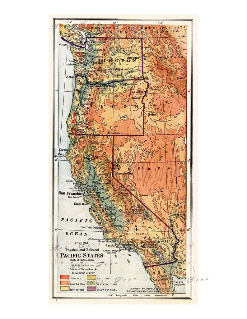 Physical and Political Map of Pacific Coast States, Unique Gift or Home ...