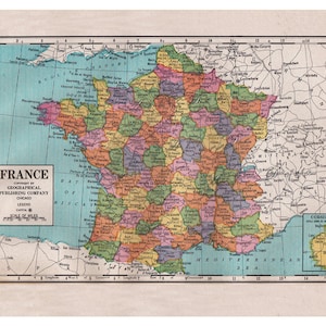 Landkarte von Frankreich aus den 1920'er Jahren in schönen Pastellfarben, einzigartiges Geschenk und Wohndekor, digitaler Download No. 524