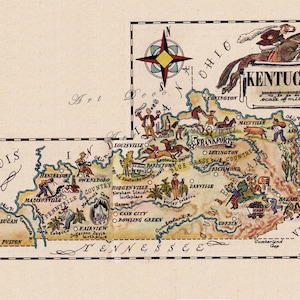 Druckbare Landkarte von Kentucky, bildhafte Karte von 1940, Einweihungsgeschenk, Collage Blatt Nr. 1709