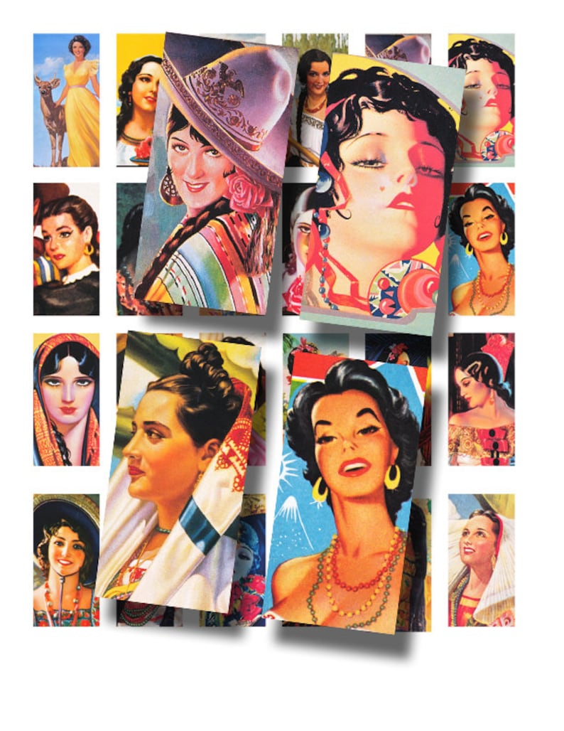 domino tile sized Mexican beauties 431 Latina Ladies 1 x 2 inch digital collage sheet no