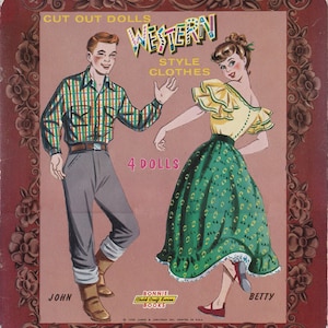 Bonecas de papel do velho oeste americano dos anos 1950, com doze roupas para imprimir, decoração para casa do sudoeste, downloads digitais para impressão.