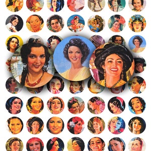 vintage mexican ladies, 1 inch circles, printable digital collage sheet no. 433 image 1