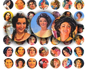 vintage mexican ladies, 1 inch circles, printable digital collage sheet no. 433