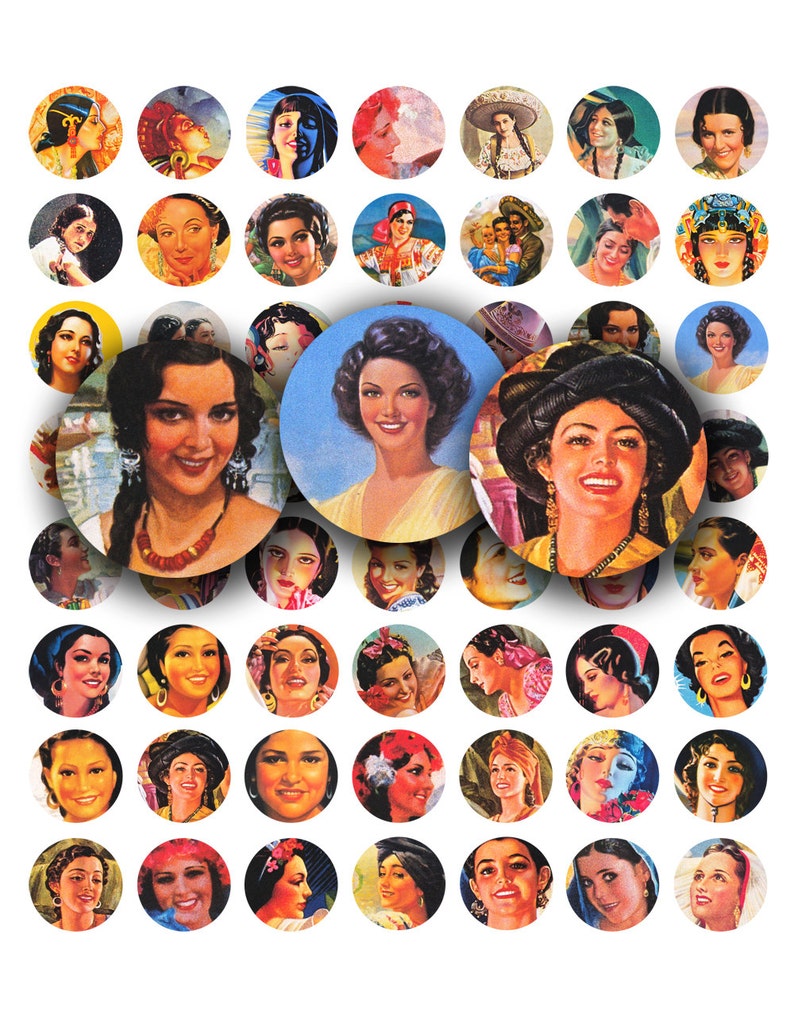 vintage mexican ladies, 1 inch circles, printable digital collage sheet no. 433 image 1