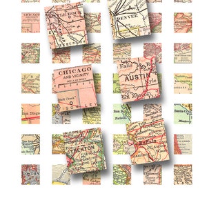 May include: A collection of vintage maps of various US cities, including Chicago, Denver, Austin, Trenton, Buffalo, and Los Angeles. The maps are printed on paper and have a faded, antique look. Each map is framed with a red border and features a scale of miles.