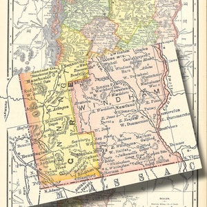 May include: A vintage map of Vermont, showing the state's towns and cities. The map is divided into counties, each with a different color. The map also shows the major rivers and lakes in the state. The map is titled "Vermont."