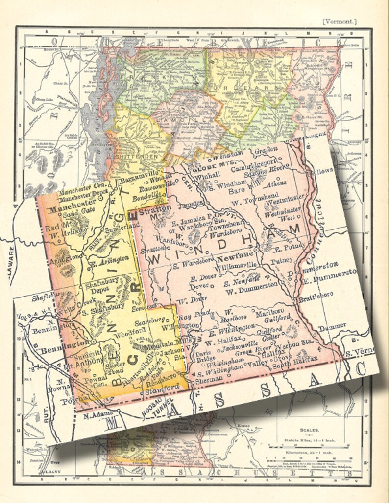 May include: A vintage map of Vermont, showing the state's towns and cities. The map is divided into counties, each with a different color. The map also shows the major rivers and lakes in the state. The map is titled "Vermont."