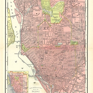 May include: A vintage map of Buffalo, New York, showing the main portion of the city. The map is printed in pink, green, and black, and includes street names, parks, and other landmarks. The map is titled "Rand McNally & Co.'s Map of the Main Portion of Buffalo."